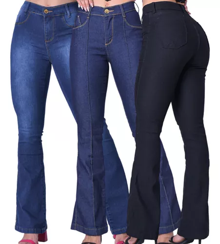 Kit 3 Calça Flare Feminina Cintura Alta Jeans Boca De Sino