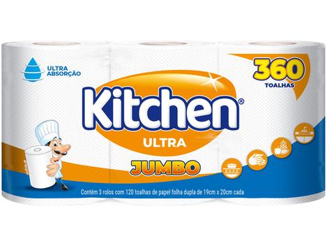 Papel Toalha Folha Dupla Jumbo Kitchen - 3 Rolos 360 Folhas