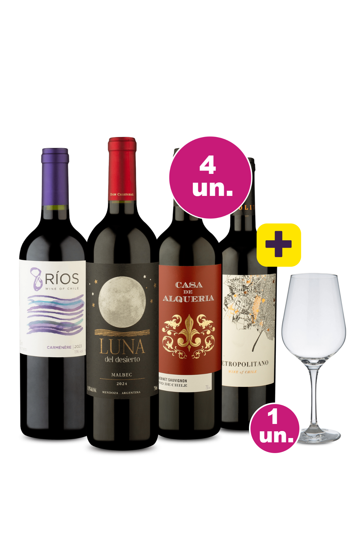 Kit 4 Vinhos - Degustação Lançamentos + Taça Cristal Premium 765 mL Grátis