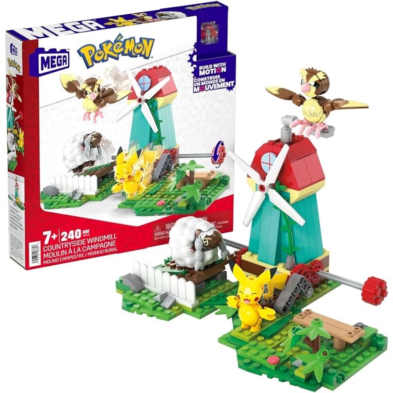 Blocos de Montar MEGA Pokémon Moinho Rural com 240 peças e 3 figuras (Pikachu Pidgey e Woolo)