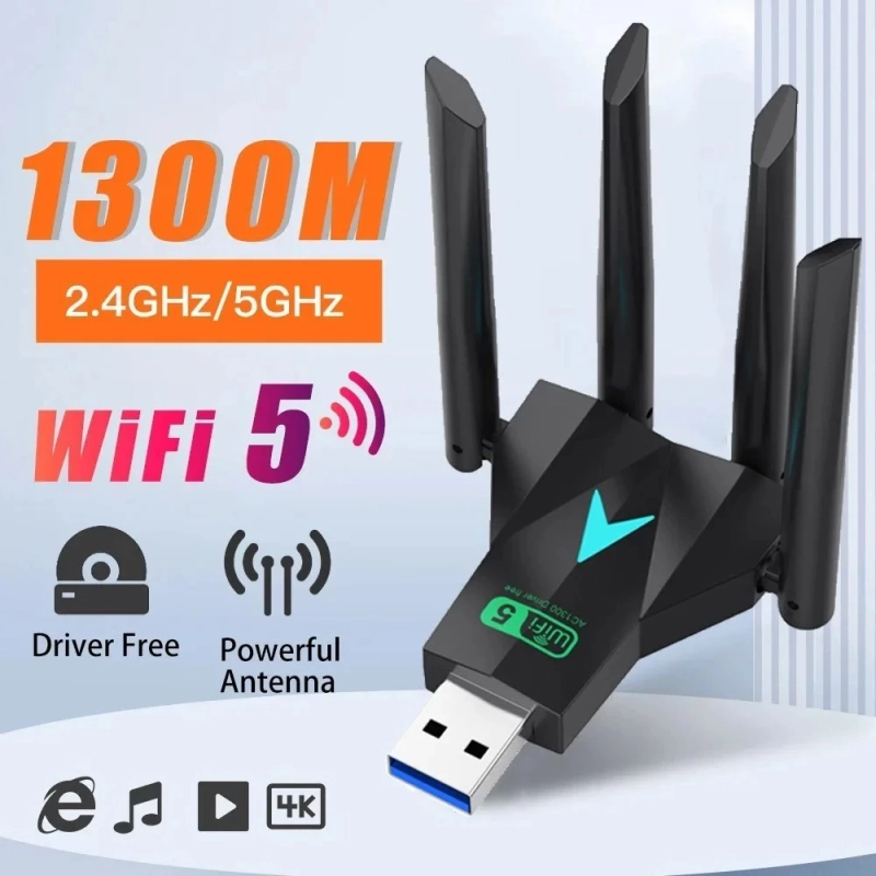 Adaptador Usb Wifi 4 Antenas Placa De Rede Driver Free Dual Band 2.4G/5Ghz 1300Mbps