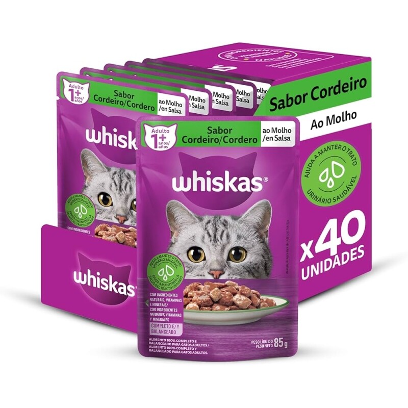 Pack Ração Úmida Whiskas Sachê Cordeiro ao Molho para Gatos Adultos 85g - 40 unidades