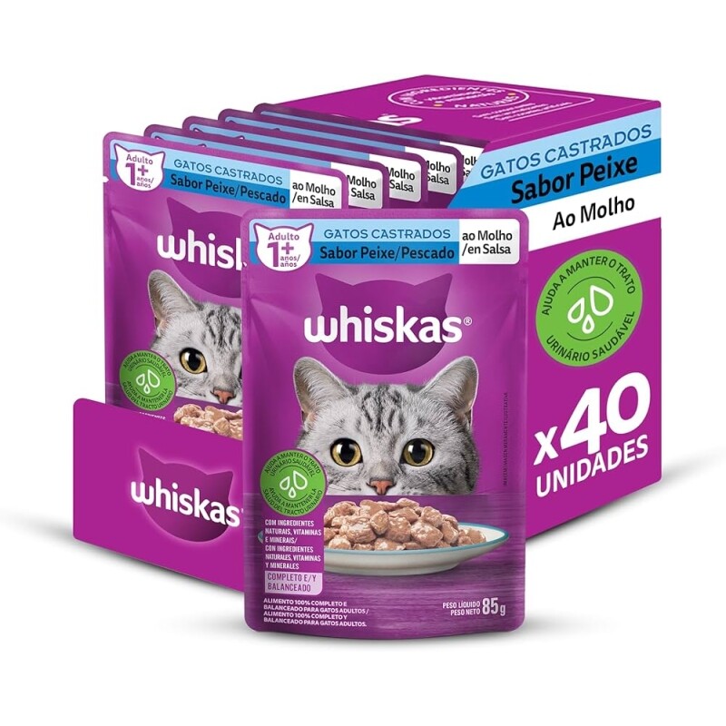 Packs de Ração Úmida Whiskas Sachê para Gatos Adultos Castrados Peixe ao Molho 40 Sachês de 85 g