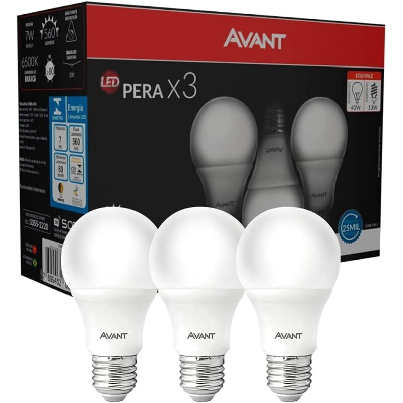 Kit Lâmpada Pera LED 3 unidades 7W Luz branca 6500K E27 Bivolt Avant