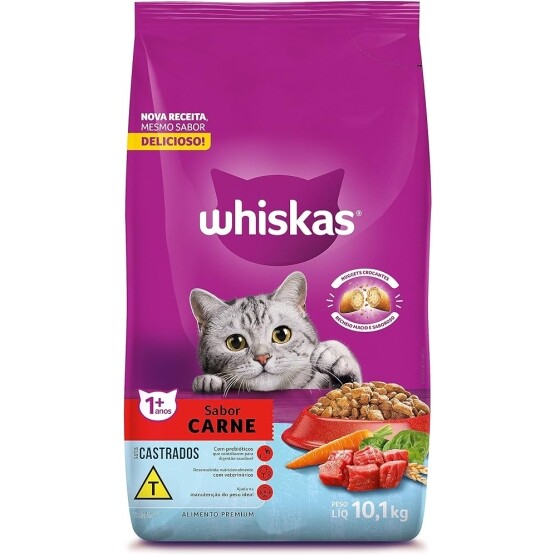 Ração Whiskas Para Gatos Adultos Castrados Sabor Carne - 10,1Kg