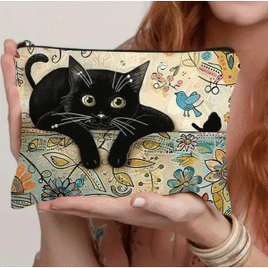 Bolsa de Maquiagem com Estampa de Gato Chic - Necessaire Versátil para Cosméticos