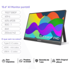 Monitor Portátil ARZOPA 15.6" 1080P FHD IPS Tela USB-C Mini-HDMI