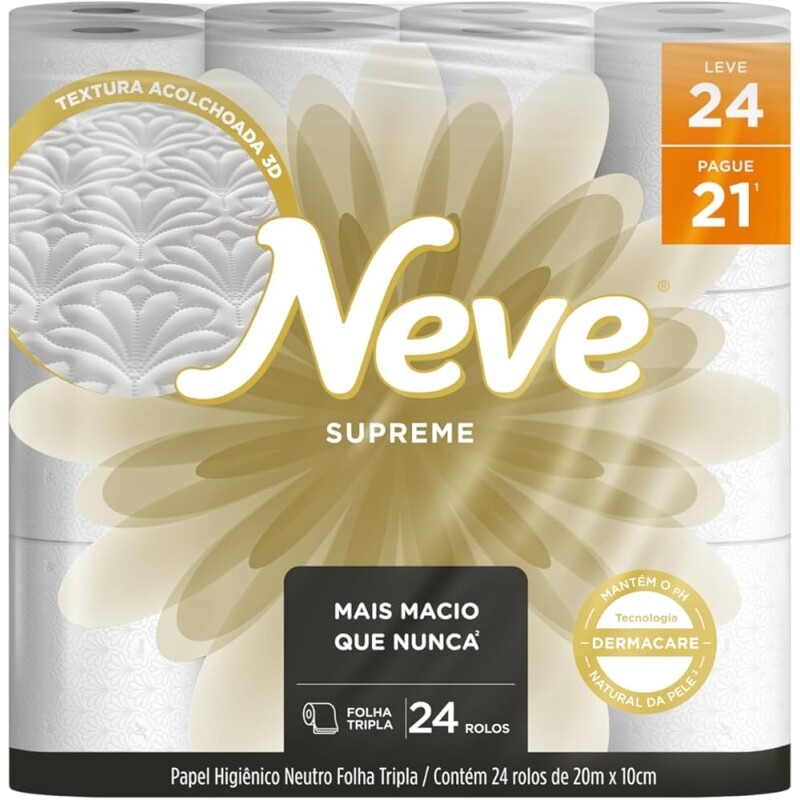 Papel Higiênico Neve Supreme Folha Tripla 20 metros 24 Rolos