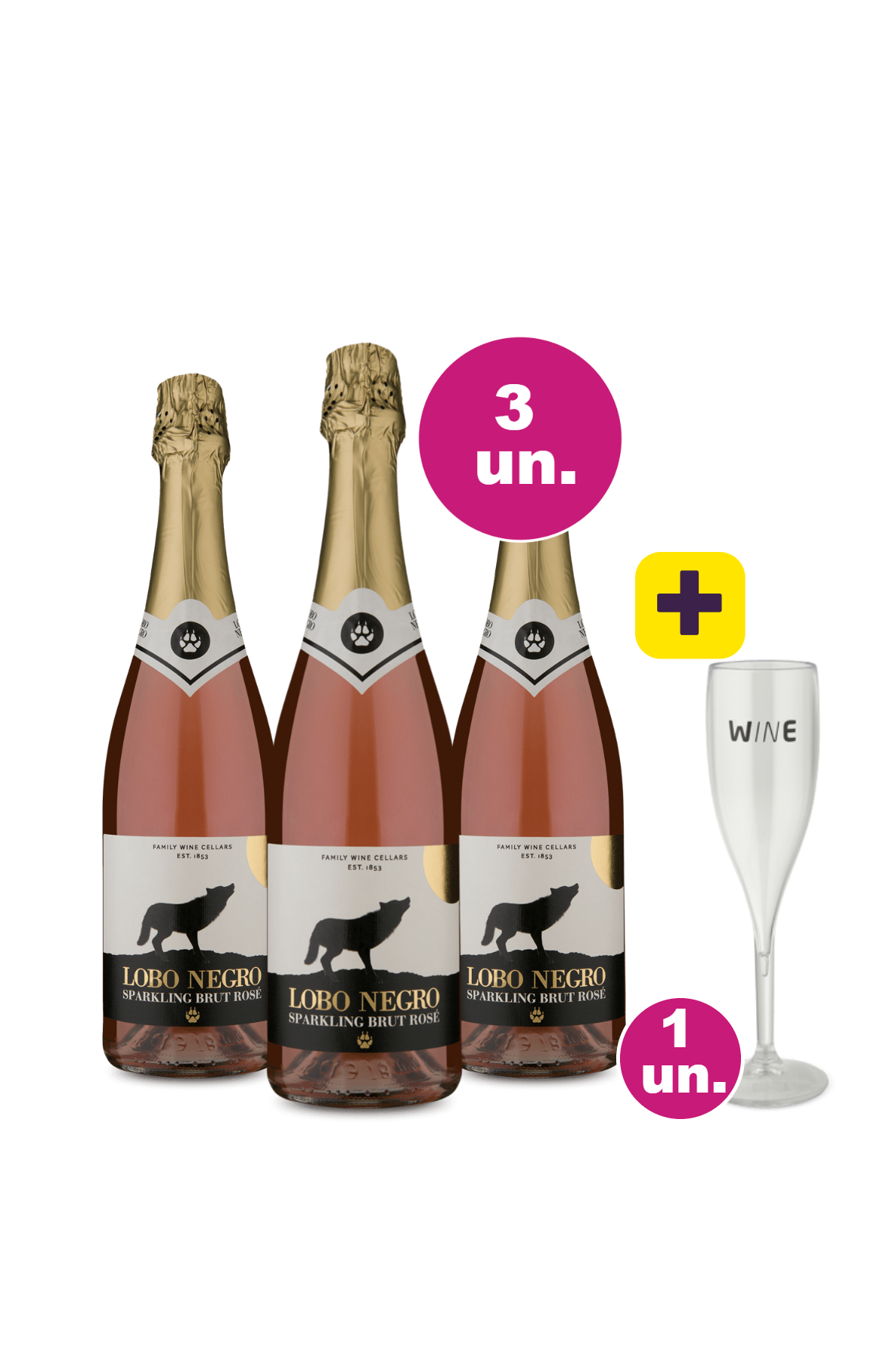 Kit 3 por 99 - Espumante Lobo Negro Rosé + Taça Espumante Grátis