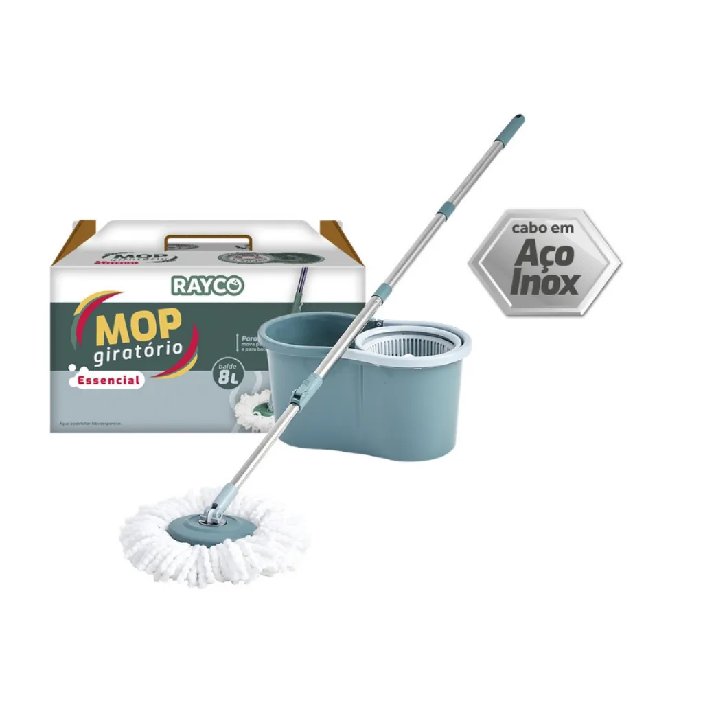 Mop Rayco Giratório 360 Essencial Com Balde 8L e 1 Esfregão Microfibra Cabo Em Aço Inox Resistente