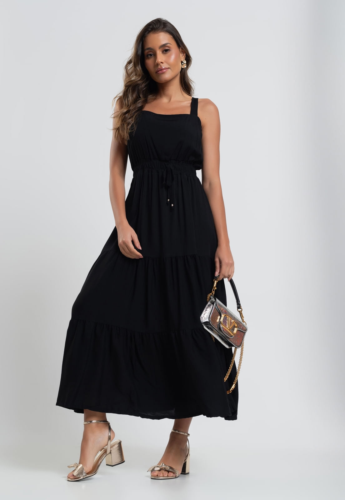 Vestido Midi Babado Cadarço Viscolinho Preto Salvatore Fashion