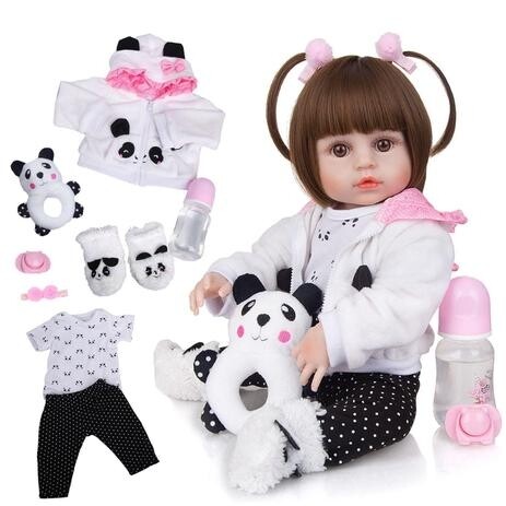 Boneca Bebê Reborn Brastoy Silicone Menina Panda ou Coelho Olhos Castanhos 48cm Original