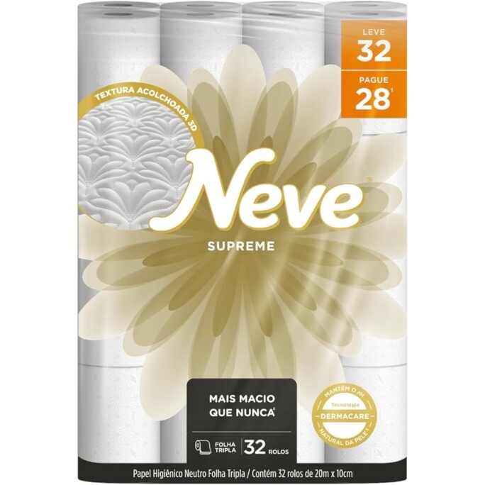 Papel Higiênico Neve Supreme Folha Tripla 20m - 32 Rolos