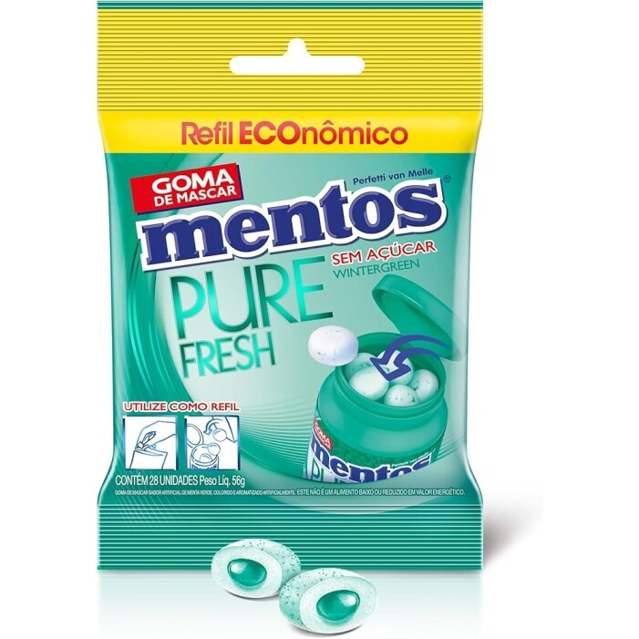 Refil Goma de Mascar Sem Açúcar Mentos Pure Fresh Wintergreen | 56g