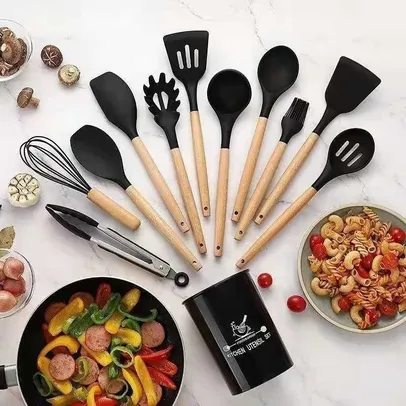 Jogo De Cozinha Kit C/12 Peças De Premium Silicone Utensílios E Copo Suporte Para Cabo De Madeira #Shopee ⚡️