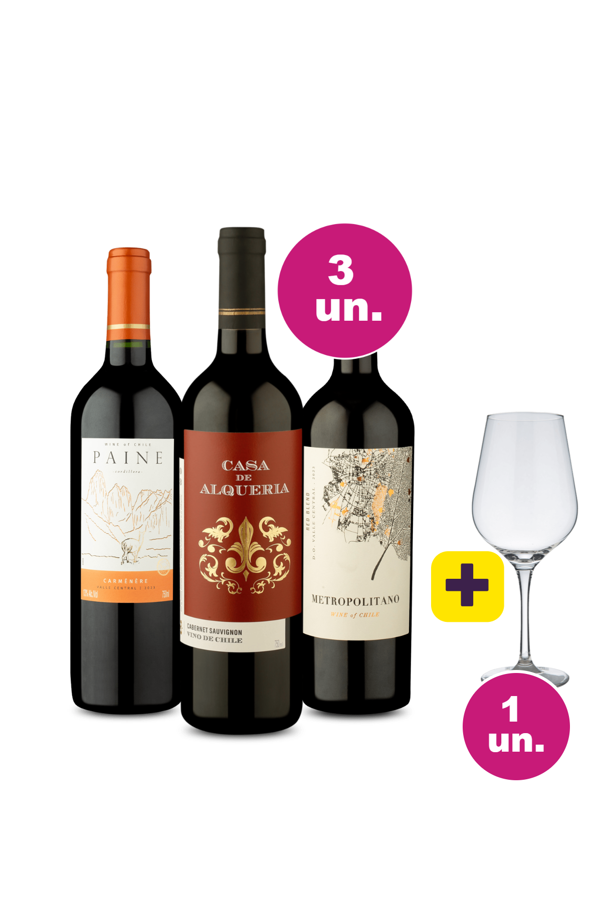 Kit 3 Vinhos por 99 - Chilenos Tintos + Taça Cristal Grátis