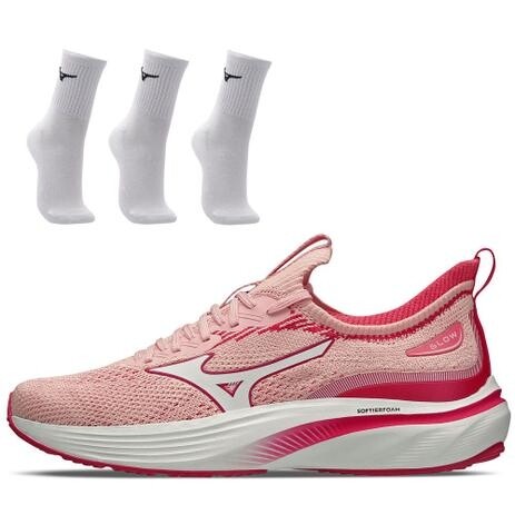 Kit 1 Tênis de Corrida Feminino Mizuno Glow e 3 Pares de Meia Cano Médio