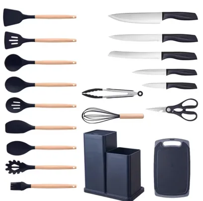 Kit 19 Peças Jogo de Utensílios Para Cozinha em Silicone Com Cabo de Madeira #Shopee ⚡️