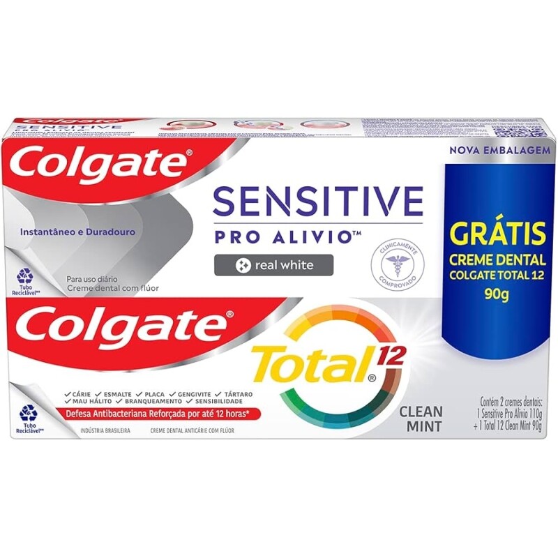 3 Pacotes Creme Dental Colgate Sensitive Pro Alívio Real White 110g + Creme Dental Total 12 Clean Mint - 90g