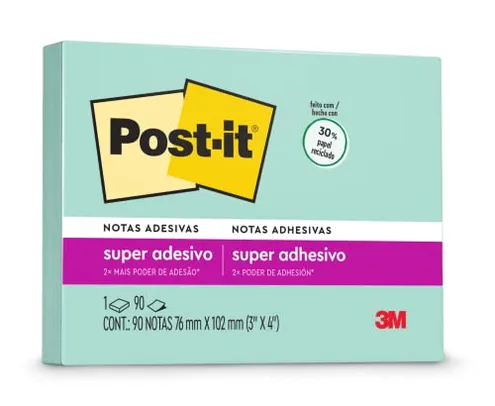 [REC/+Por- R$ 3,9]Post-it, 3M, Bloco de Notas Super Adesivas, Menta, 76mm x 102mm, 90 folhas