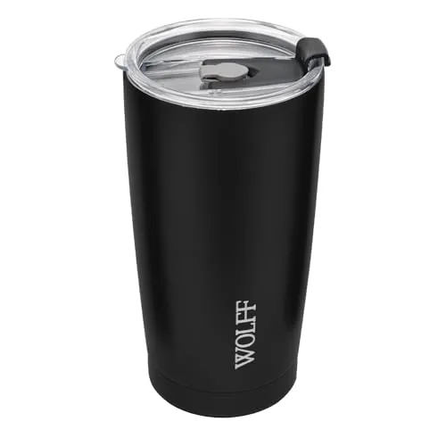 WOLFF Copo Térmico de Aço Inox Parede Dupla Com Tampa 600ml Preto - Itens Para Viagem - Mantém a Bebida na Temperatura Ideal