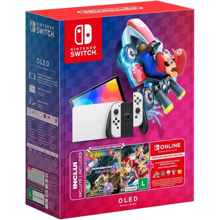 Console Nintendo Switch OLED + Jogo Digital Mario Kart 8 Deluxe 3 Meses de Assinatura Nintendo Switch Online