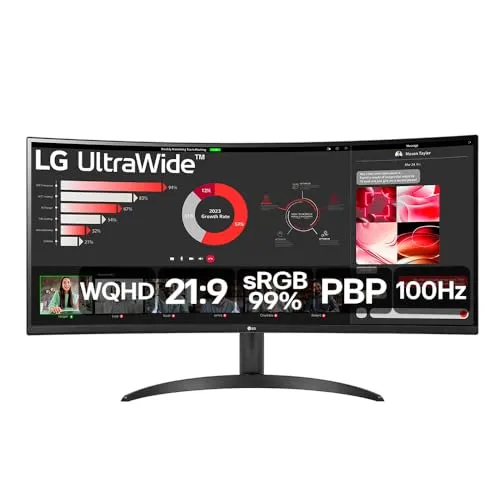 Monitor LG UltraWide Curvo - VA de 34”, WQHD 3440 x 1440, 21:9, sRGB, HDR10, PBP, OnScreen Control, Modo Leitura e Flicker Safe, 100Hz, AMD FreeSync