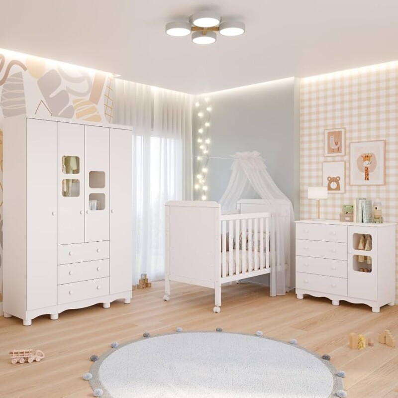 Quarto de Bebê Completo Guarda Roupa Uli 4 Portas 3 Gavetas Berço Mini Cama Cloe 2 Em 1 Cômoda Uli 4 Gavetas 1 Porta