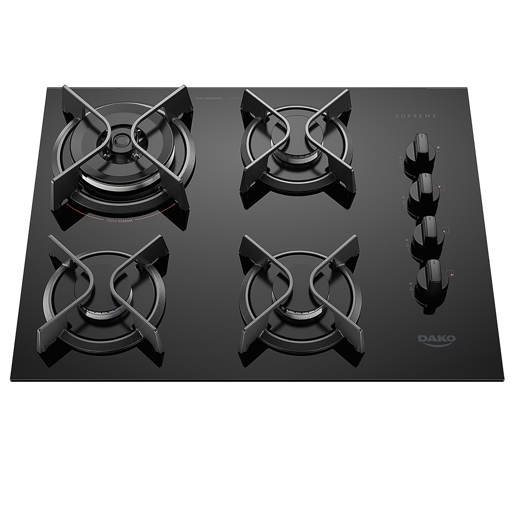 Cooktop A Gás Dako Supreme 4 Bocas Mesa Em Vidro Trempes Em Ferro Fundido - Preto - Bivolt