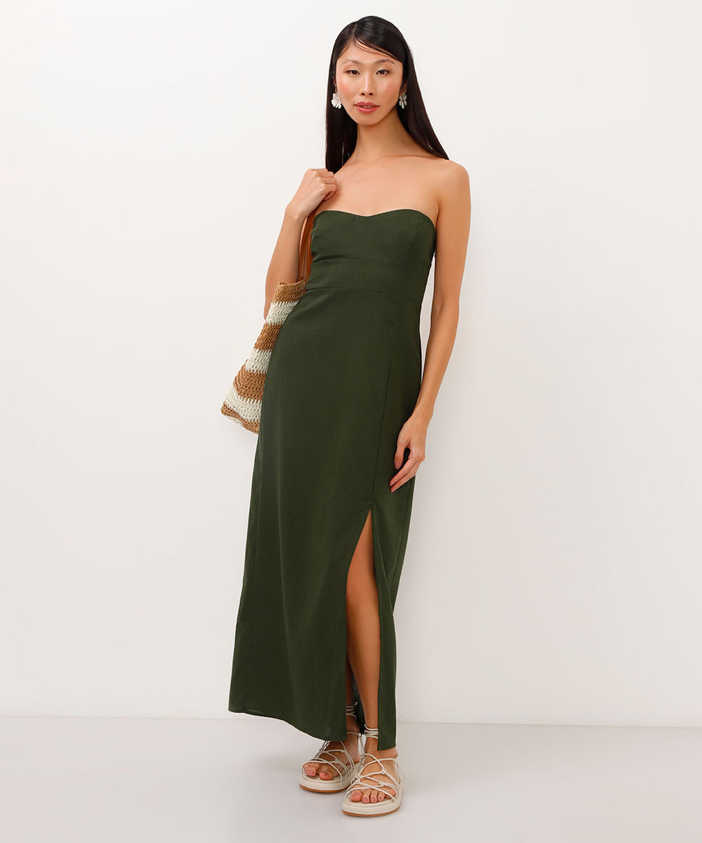 Vestido Midi com Linho sem Alça Verde Militar Tam GG