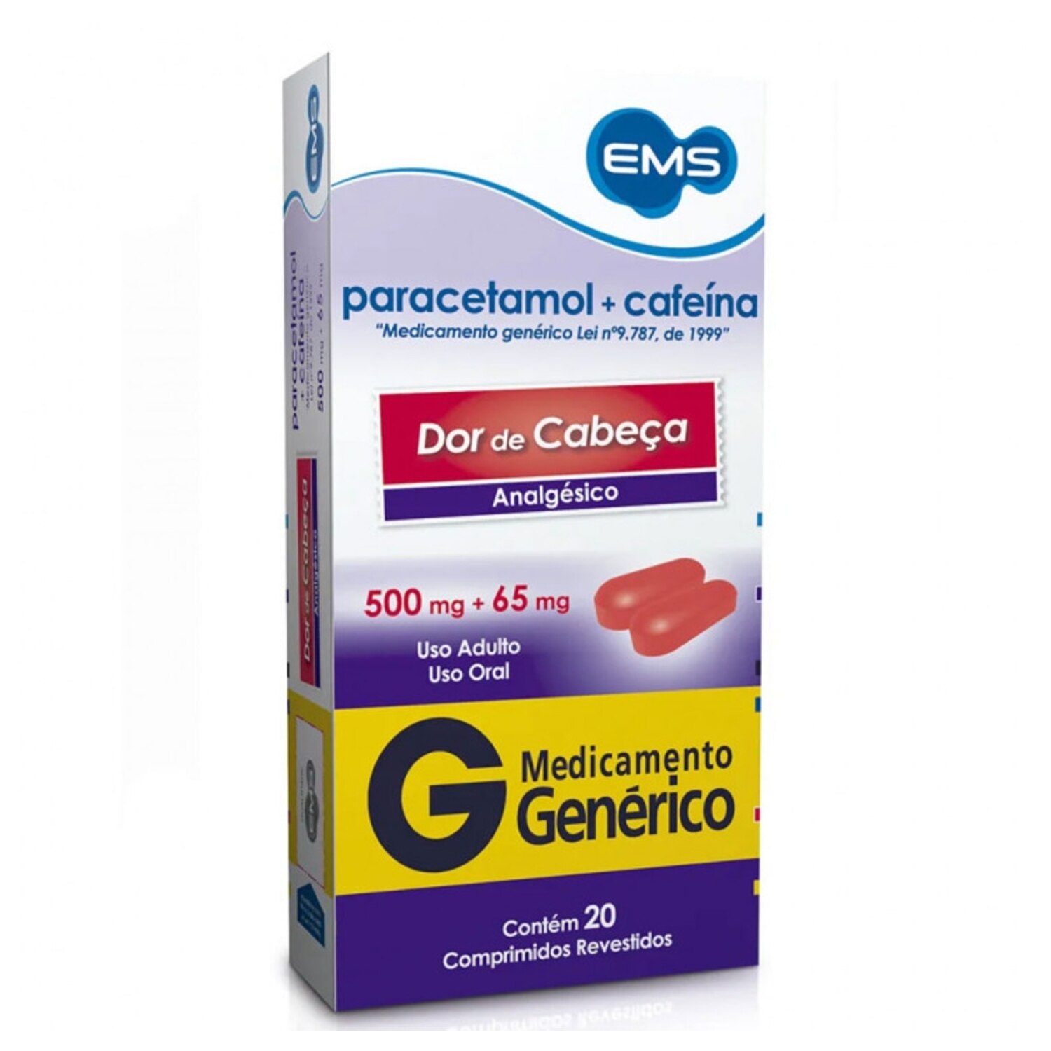 Paracetamol + Cafeina 500mg + 65mg 20 Comprimdos Revestidos EMS Generico