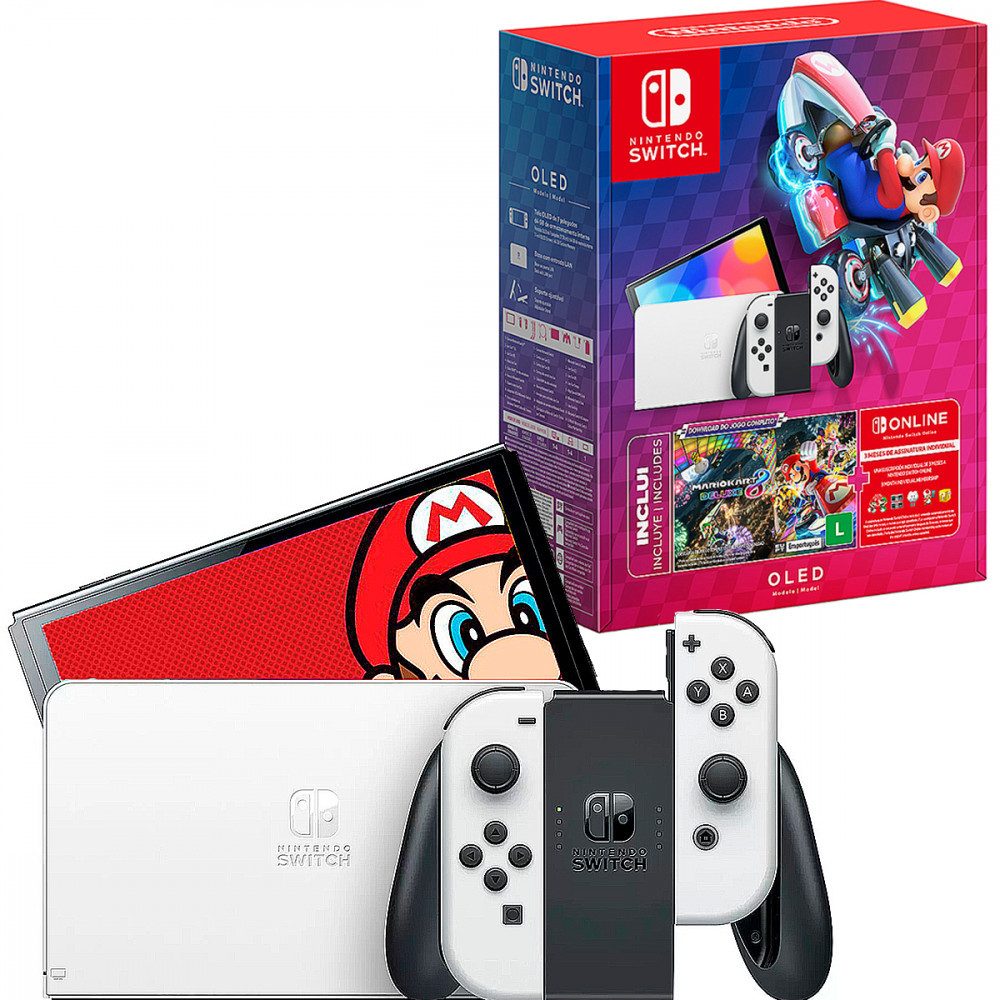 [R$2049 c/ cupom] Console Nintendo Switch Oled 64GB + Mario Kart Deluxe 8 Branco