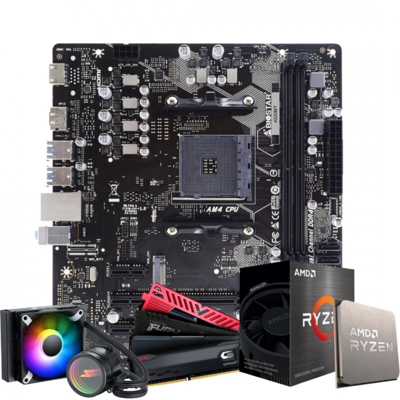 Kit Upgrade Ryzen 7 5700X3D Placa Mãe Biostar A520MT Water Cooler 120mm Memória 16GB DDR4