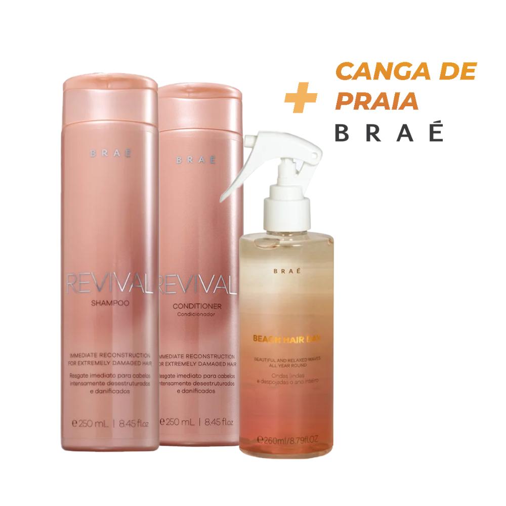 Kit Braé Revival Shampoo 250ml Condicionador 250ml Beach hair 260ml + Canga Braé