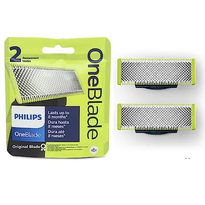 (REC) (R$71,58 - CUPOM MISSÃO) Lâminas de reposição originais Philips OneBlade, aço inoxidável durável, pacote com 2, modelo QP220/51