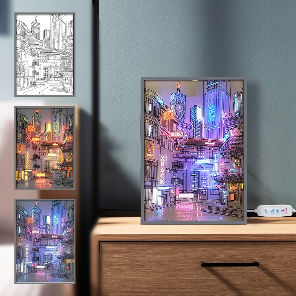 Quadro Decorativo LED Iluminado Cidade de Anime USB