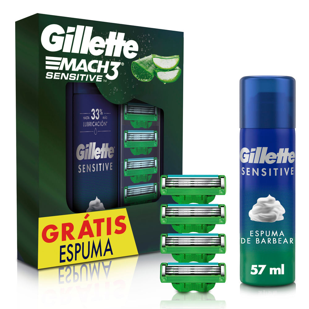 Kit Refil Para Barbear Gillette Mach3 Sensitive 4 Unidades + Espuma De Barbear 56g