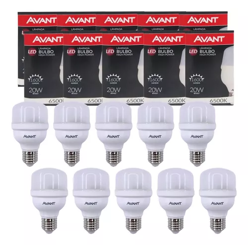 Kit 10 Lâmpadas Led Bulbo Alta Potência 20w Branco 6500k (R$ 5,29 Unid.)