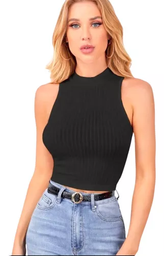 Top Cropped Feminina Gola Alta Malha Canelada