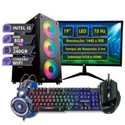 PC Gamer Completo Intel Core I5, 8GB RAM SSD 240GB + Monitor 19 LED HD + Kit Gamer