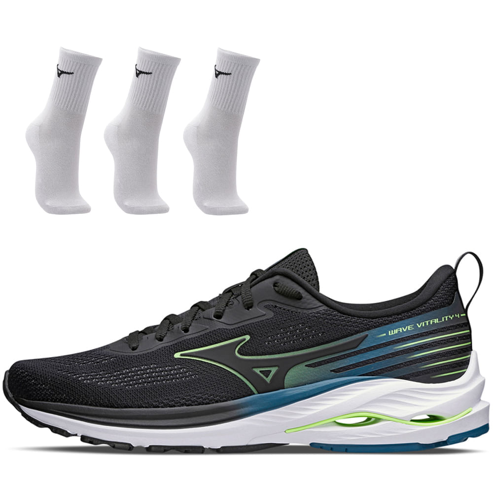 Kit 1 Tênis de Corrida Masculino Mizuno Wave Vitality 4 e 3 Pares de Meia Cano Médio