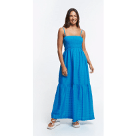 Vestido New Midi em Tricoline com Corpo em Lastex e Babados na Saia Azul