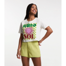 Blusa T-shirt em Algodão com Fundo Quadriculado e Estampa Raio de Sol Branco