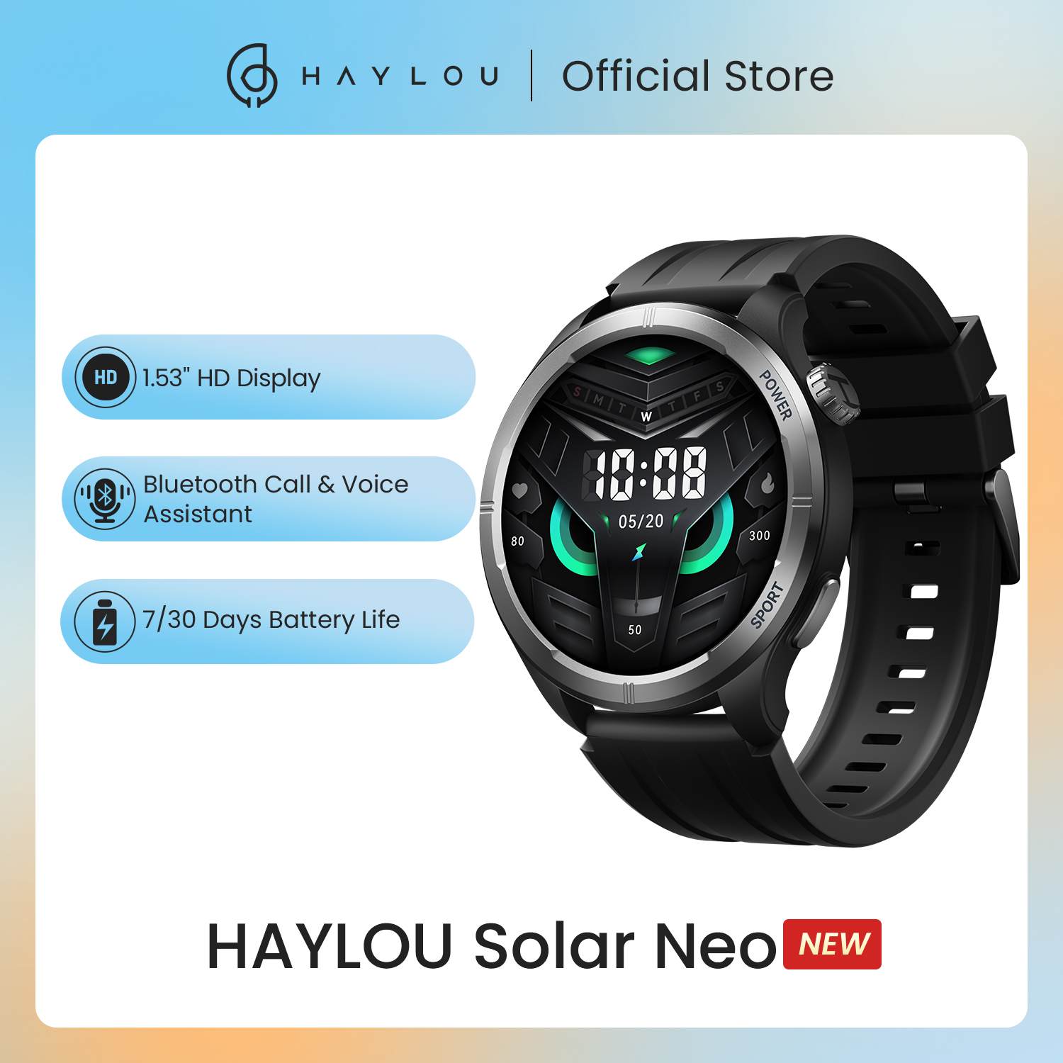 (Moedas) Smartwatch Haylou Solar Neo com Tela HD de 1,53" Ligações por Bluetooth 5.3