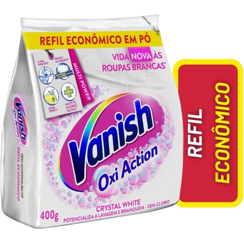 2 Unidades Tira-Manchas em Pó Refil para Roupas Brancas Vanish Oxi Action Crystal White - 400g