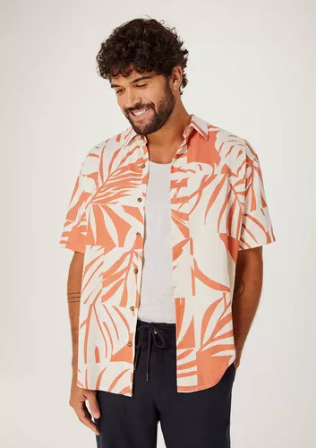 Camisa Masculina Manga Curta Estampada Em Linho Hering