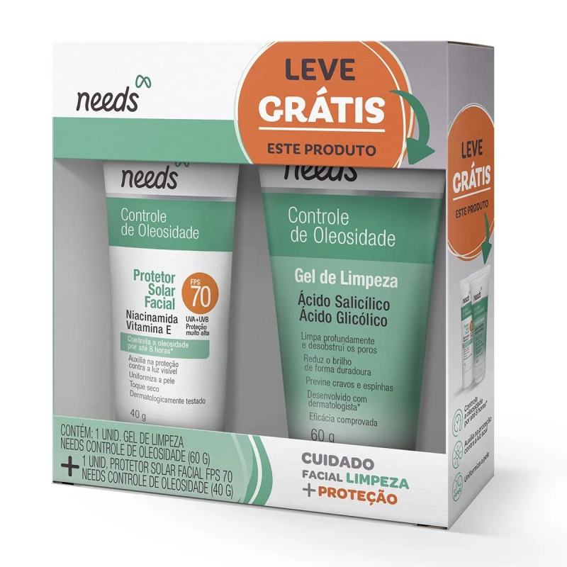 Kit Needs Cuidado Facial Limpeza + Proteção com Protetor Solar Facial FPS 70 - 40g + Gel de Limpeza Controle de Oleosi