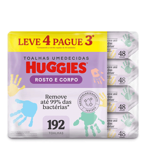 Kit Lenço Umedecido Infantil Huggies Rosto e Corpo 4 Pacotes com 48 Unidades