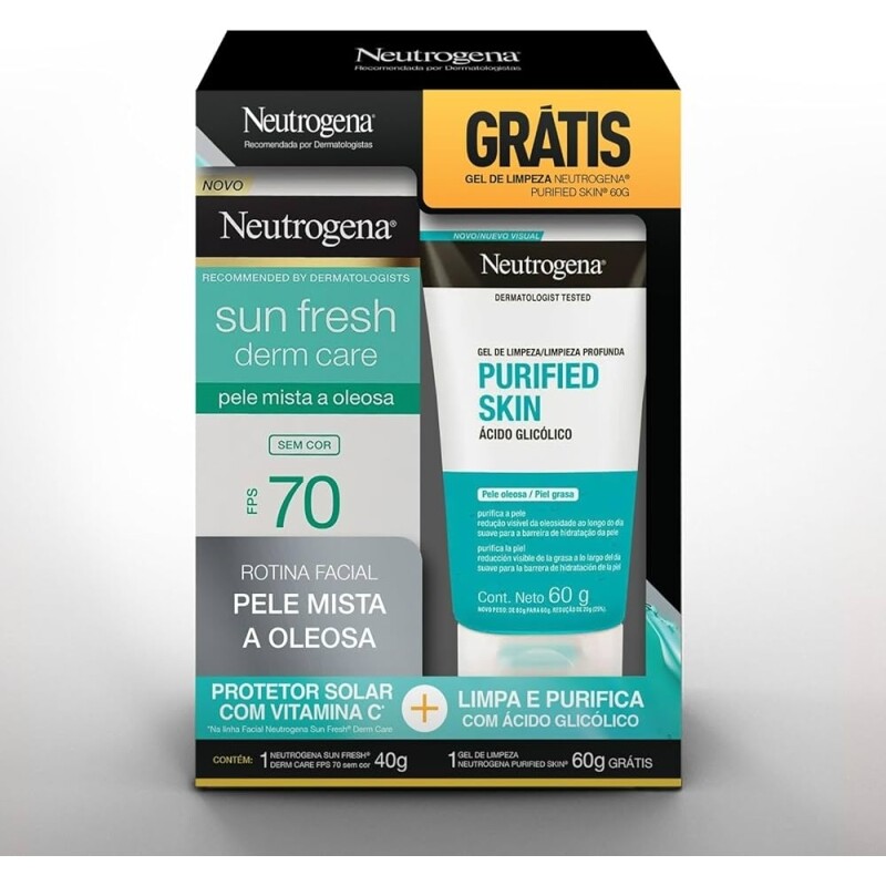 Protetor Solar Facial Neutrogena Sun Fresh Derm Care Fps 70 sem Cor + Gel de Limpeza Neutrogena Purified Skin 60g