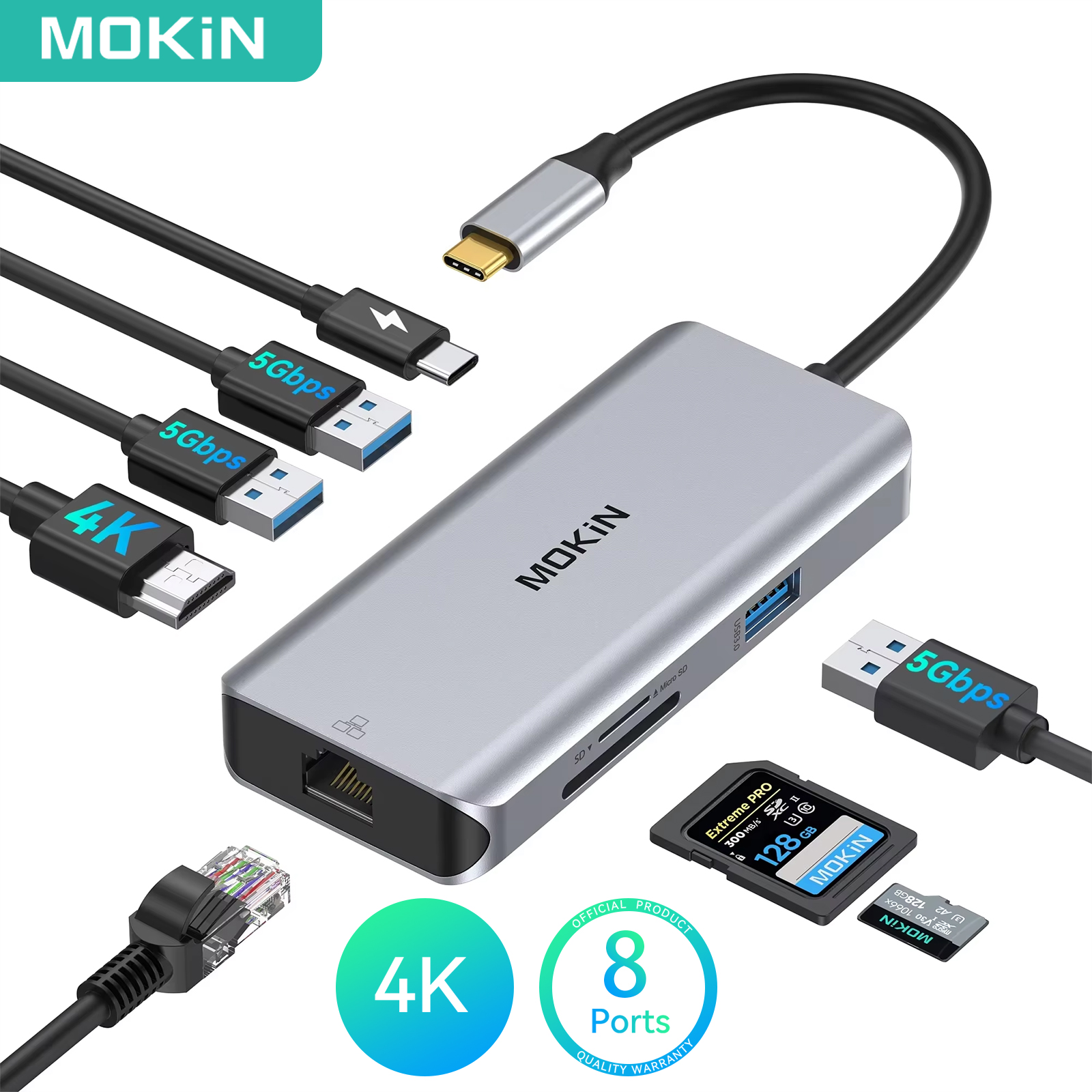 Adaptador MOKiN 8 em 1 USB C HUB para HDMI com USB3.0 1000Mbs RJ45 SD/Micro SD PD 1